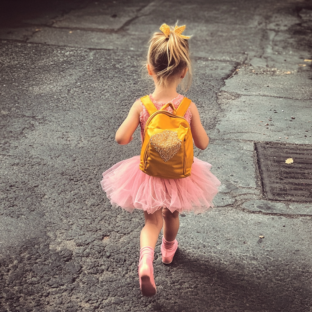 Una niña con un traje de ballet caminando por una acera | Fuente: Midjourney