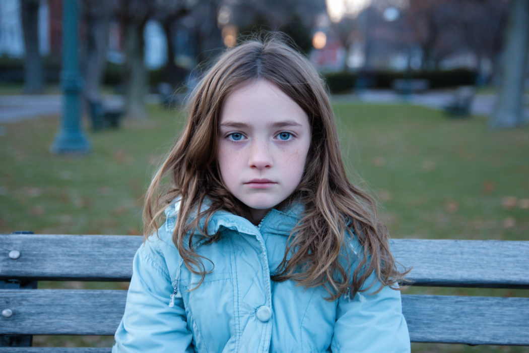 Una niña triste sentada sola en un parque | Fuente: Midjourney