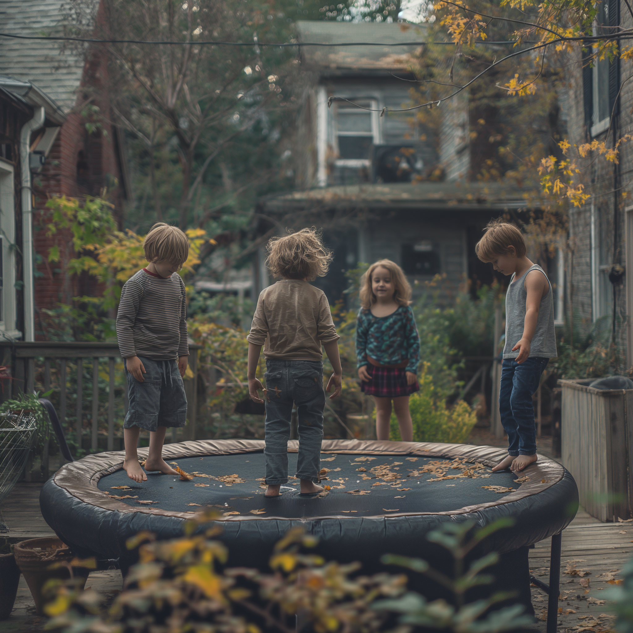 Niños felices jugando en una cama elástica en un patio trasero | Fuente: Midjourney