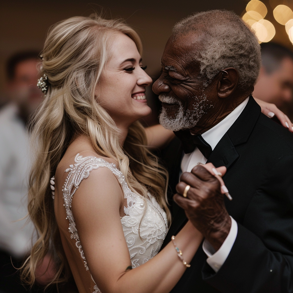 Una novia bailando con su padrastro el día de su boda | Fuente: Midjourney