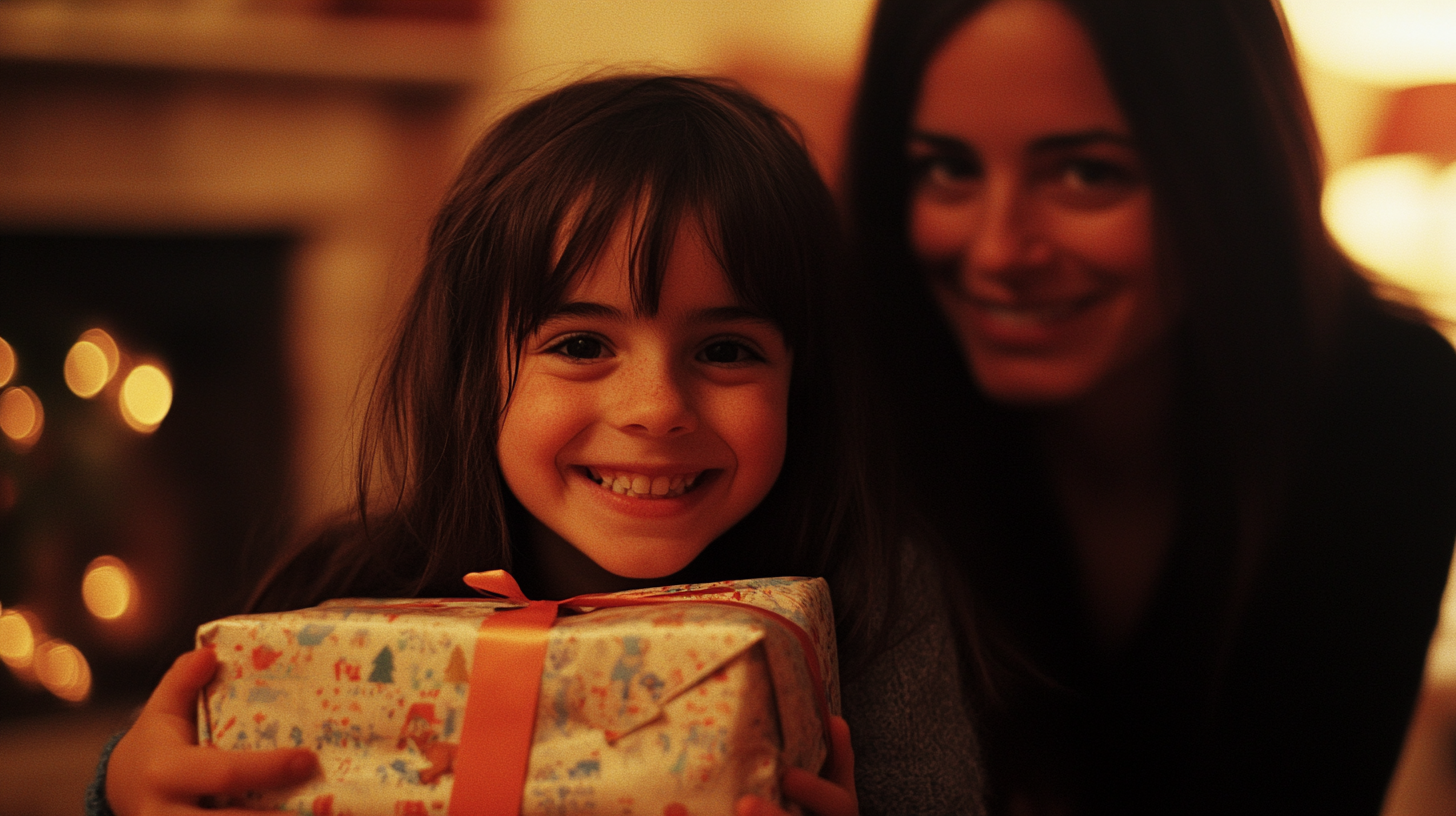 Niña feliz con una caja de regalos en las manos | Fuente: Midjourney