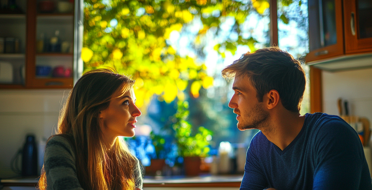 Una pareja conversando en la mesa de la cocina | Fuente: Midjourney