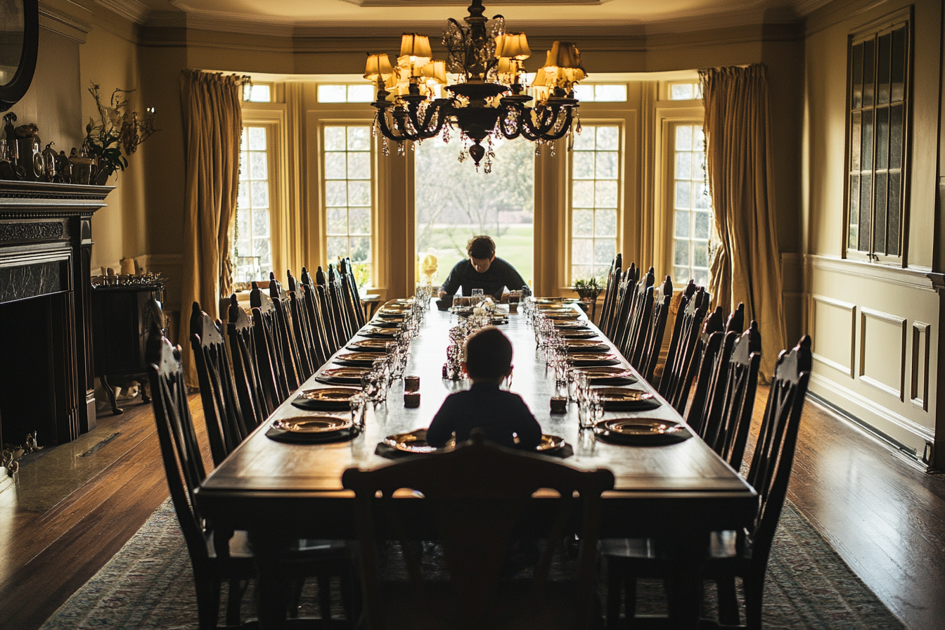 Un padre y su hijo sentados en una gran mesa de comedor | Fuente: Midjourney