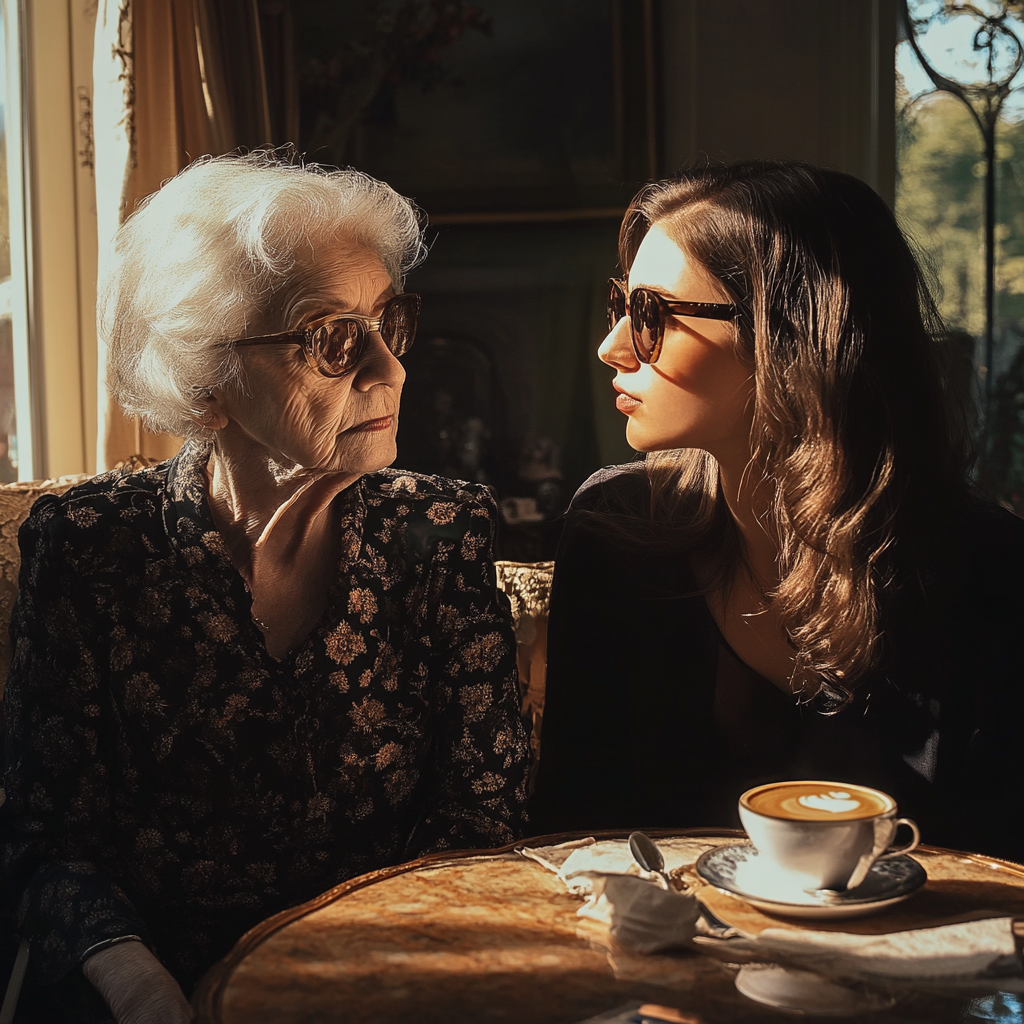 Mujer mayor y una mujer más joven manteniendo una conversación | Fuente: Midjourney