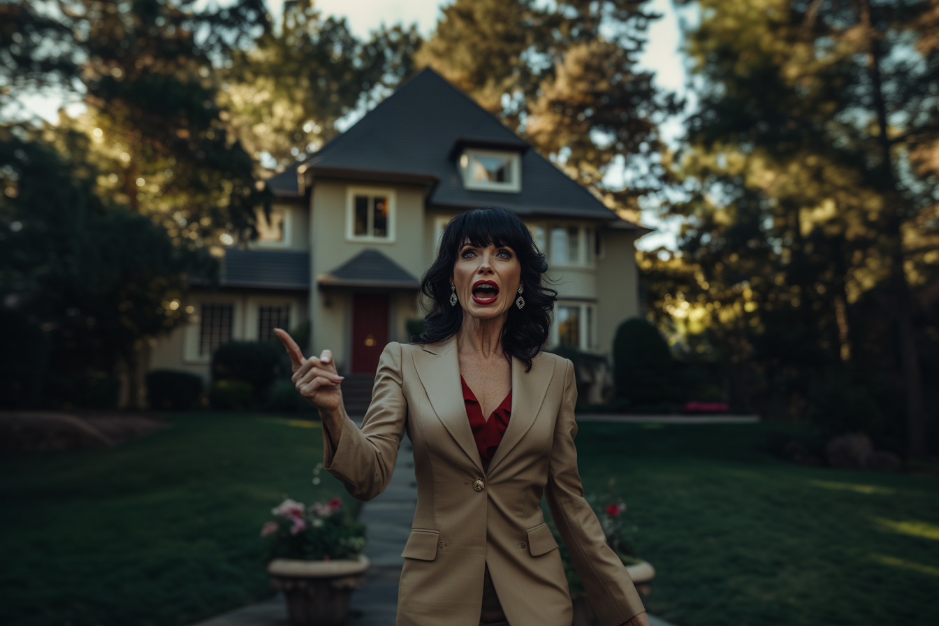 Mujer elegante de unos 30 años gritando a alguien delante de una casa | Fuente: Midjourney