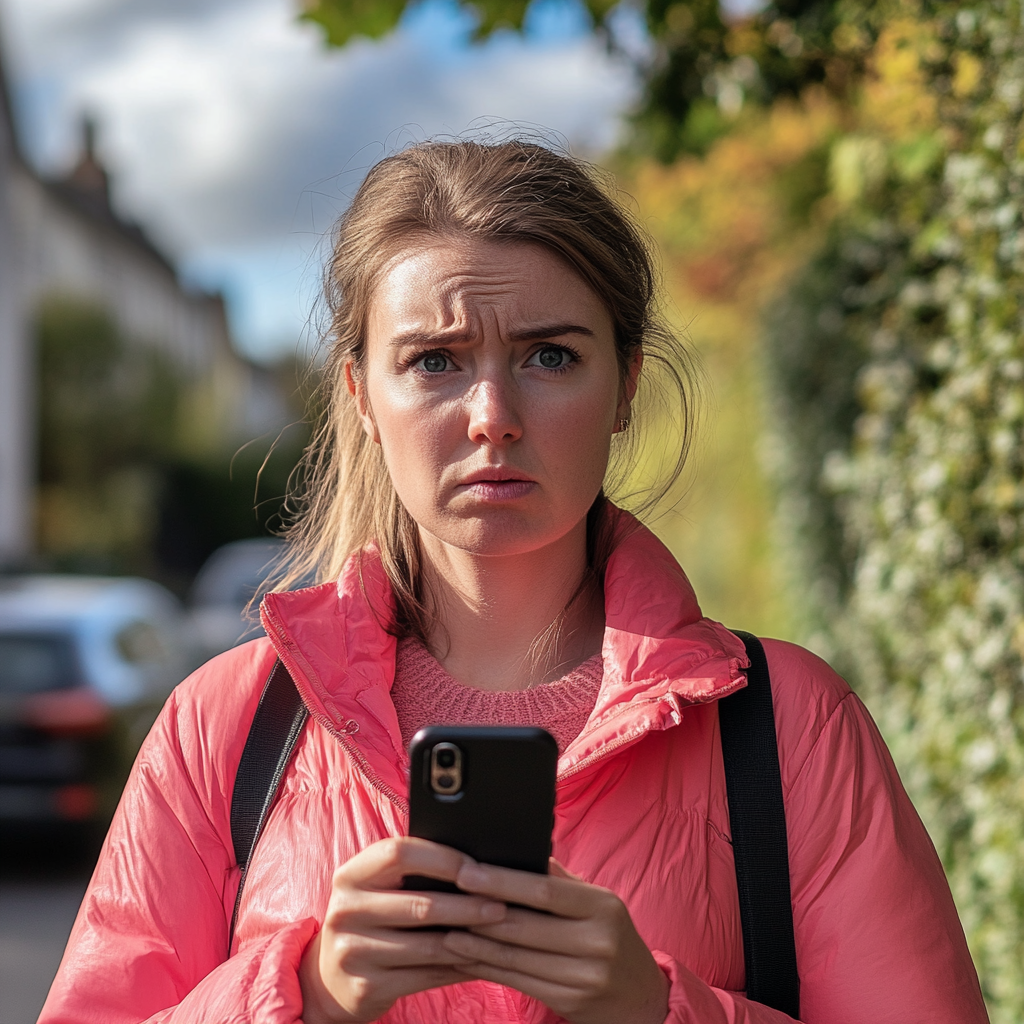 Una mujer con un teléfono en la mano y el ceño fruncido | Fuente: Midjourney