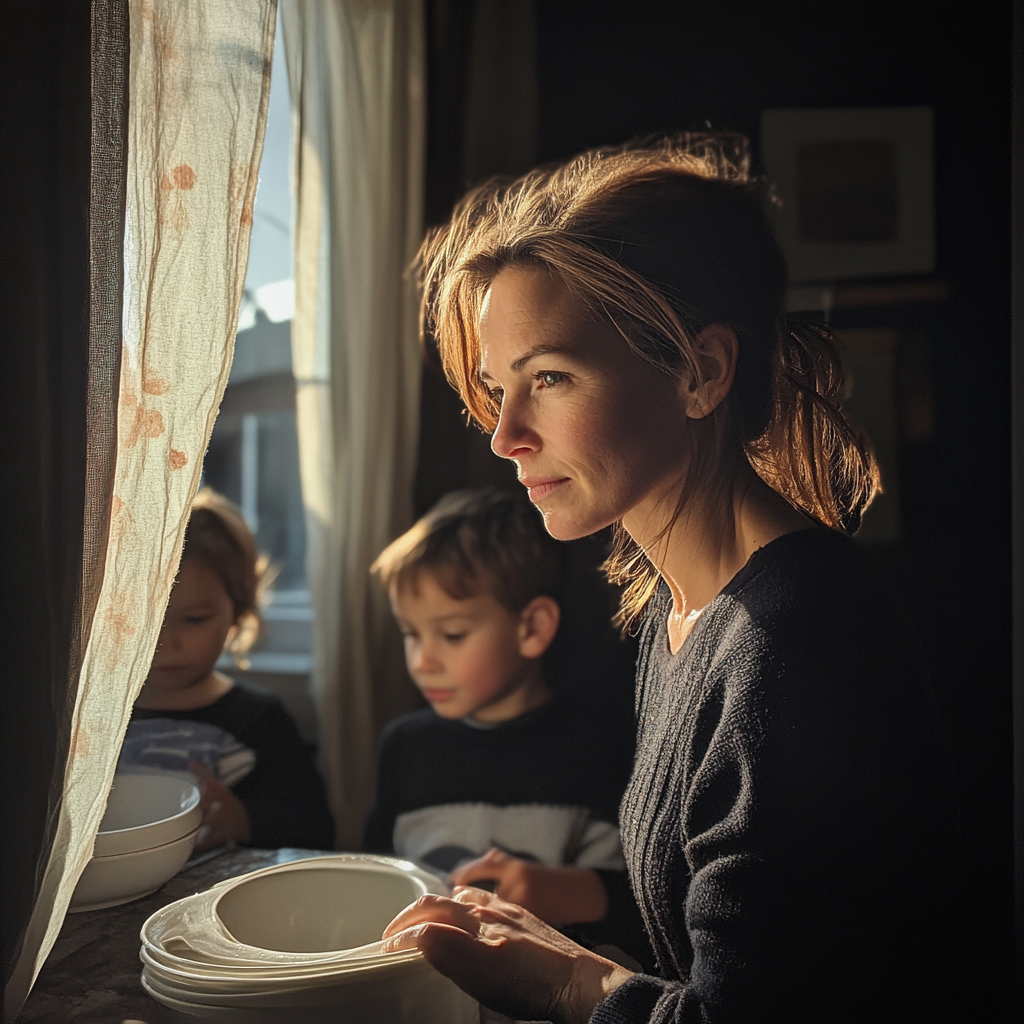 Madre limpiando platos con sus hijos jugando de fondo | Fuente: Midjourney