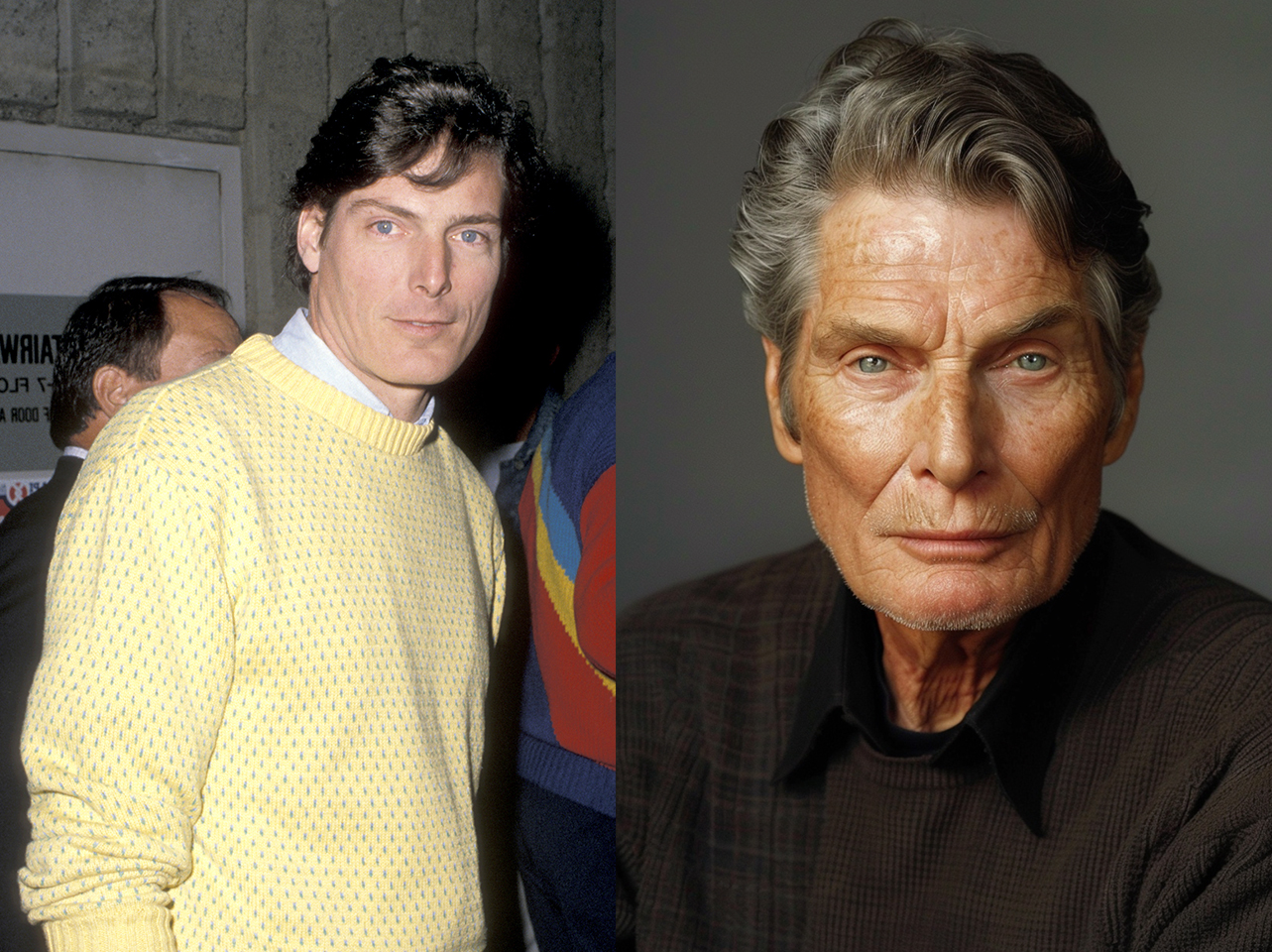 Christopher Reeve durante el estreno de "She's Out of Control" en 1989 | Imagen AI de Christopher Reeve en la vejez | Fuente: Getty Images | Midjourney