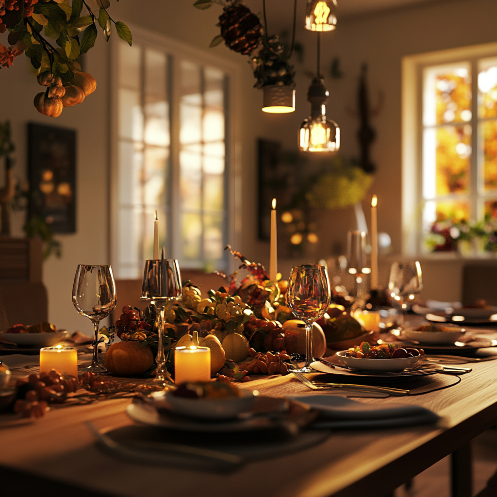 Una mesa de comedor preparada para un banquete de Acción de Gracias | Fuente: Midjourney