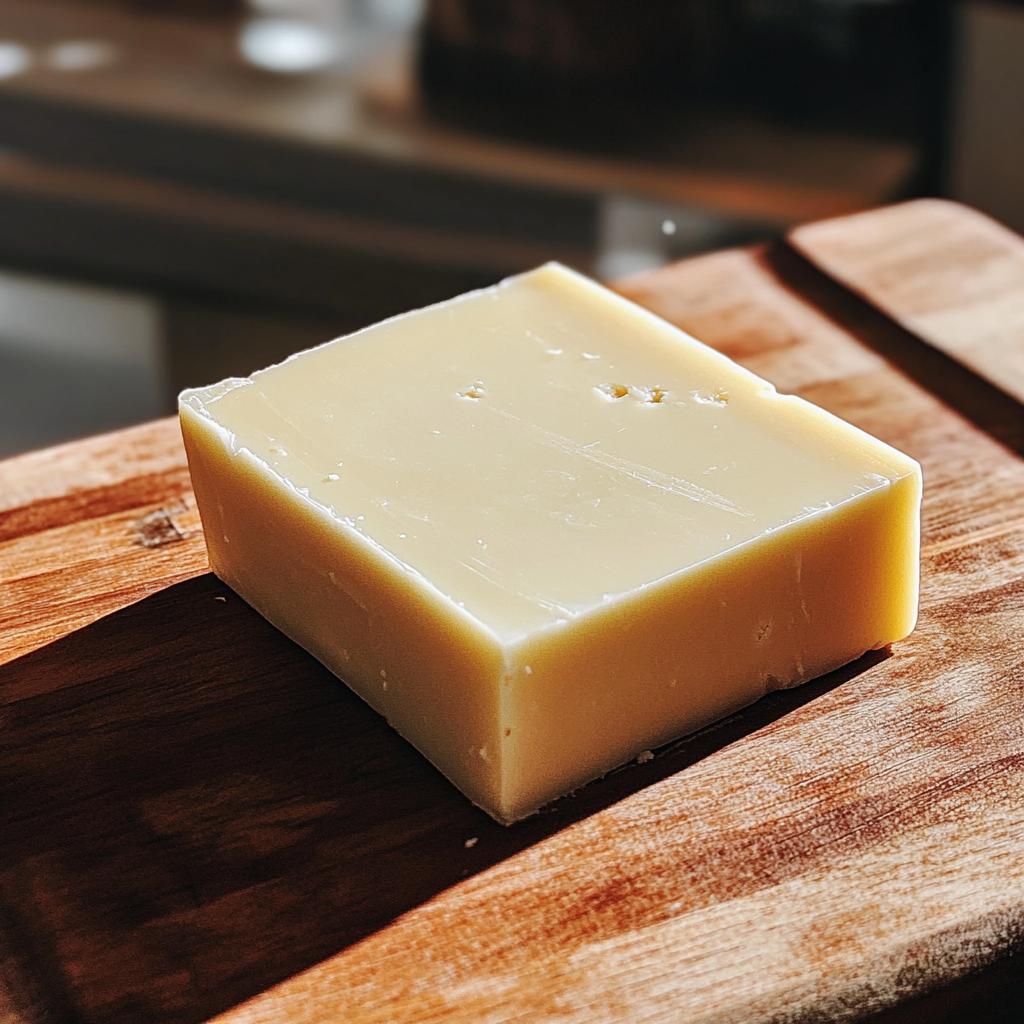 Un bloque de queso sobre una tabla de madera | Fuente: Midjourney