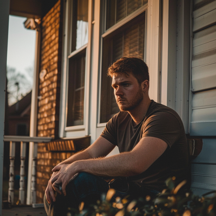 Un hombre deprimido sentado solo en el porche de su casa | Fuente: Midjourney