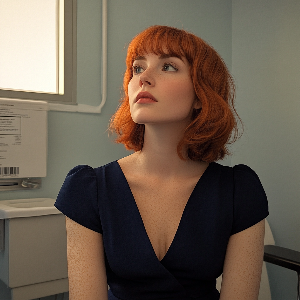 Una mujer sentada en la consulta de un médico | Fuente: Midjourney