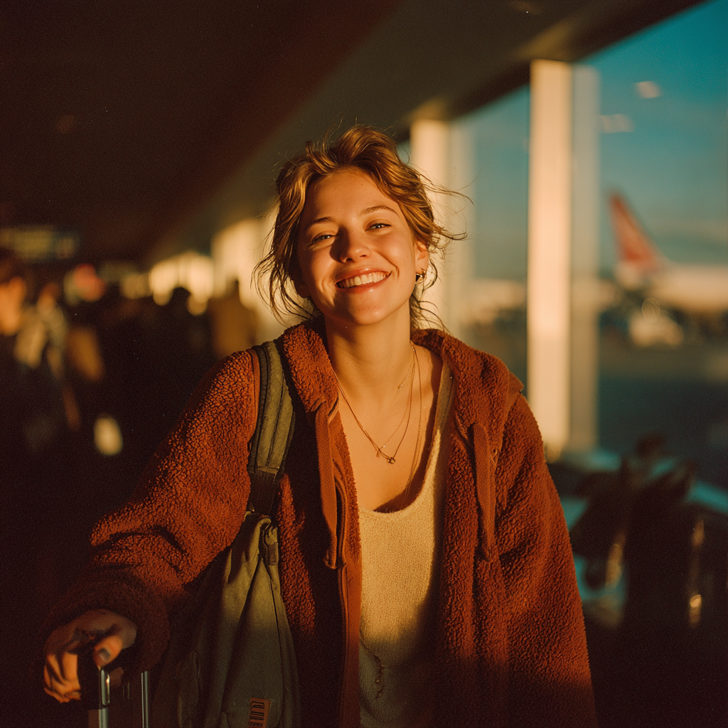 Una chica feliz con su equipaje | Fuente: Midjourney