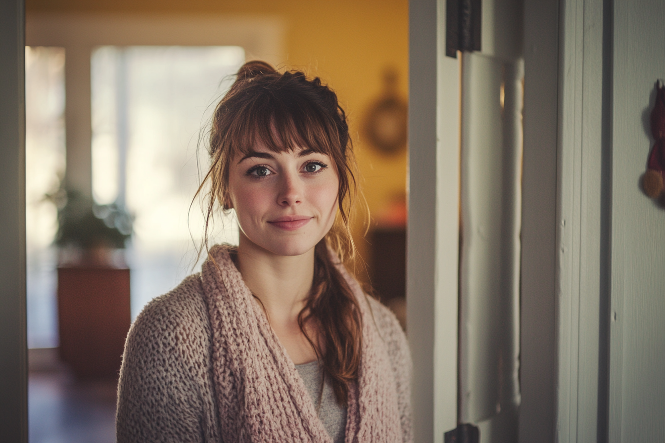 Una mujer sonriendo amablemente a alguien en su casa | Fuente: Midjourney