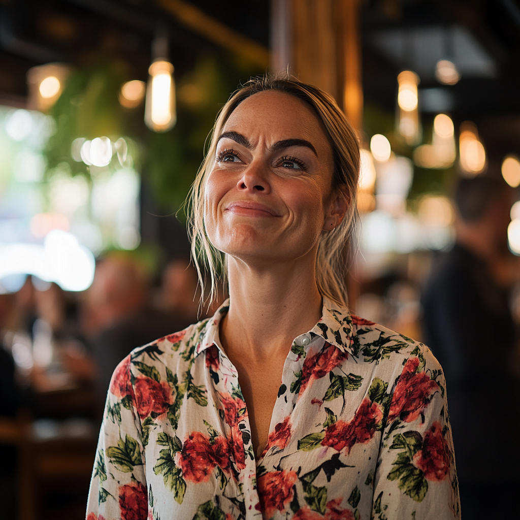 Mujer emocionada en un restaurante | Fuente: Midjourney