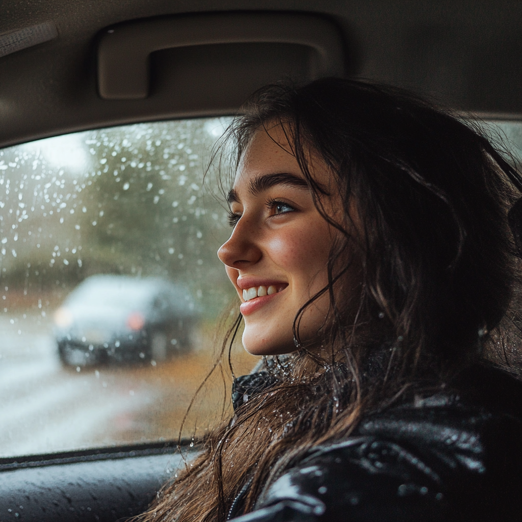 Una mujer sonriente conduciendo | Fuente: Midjourney