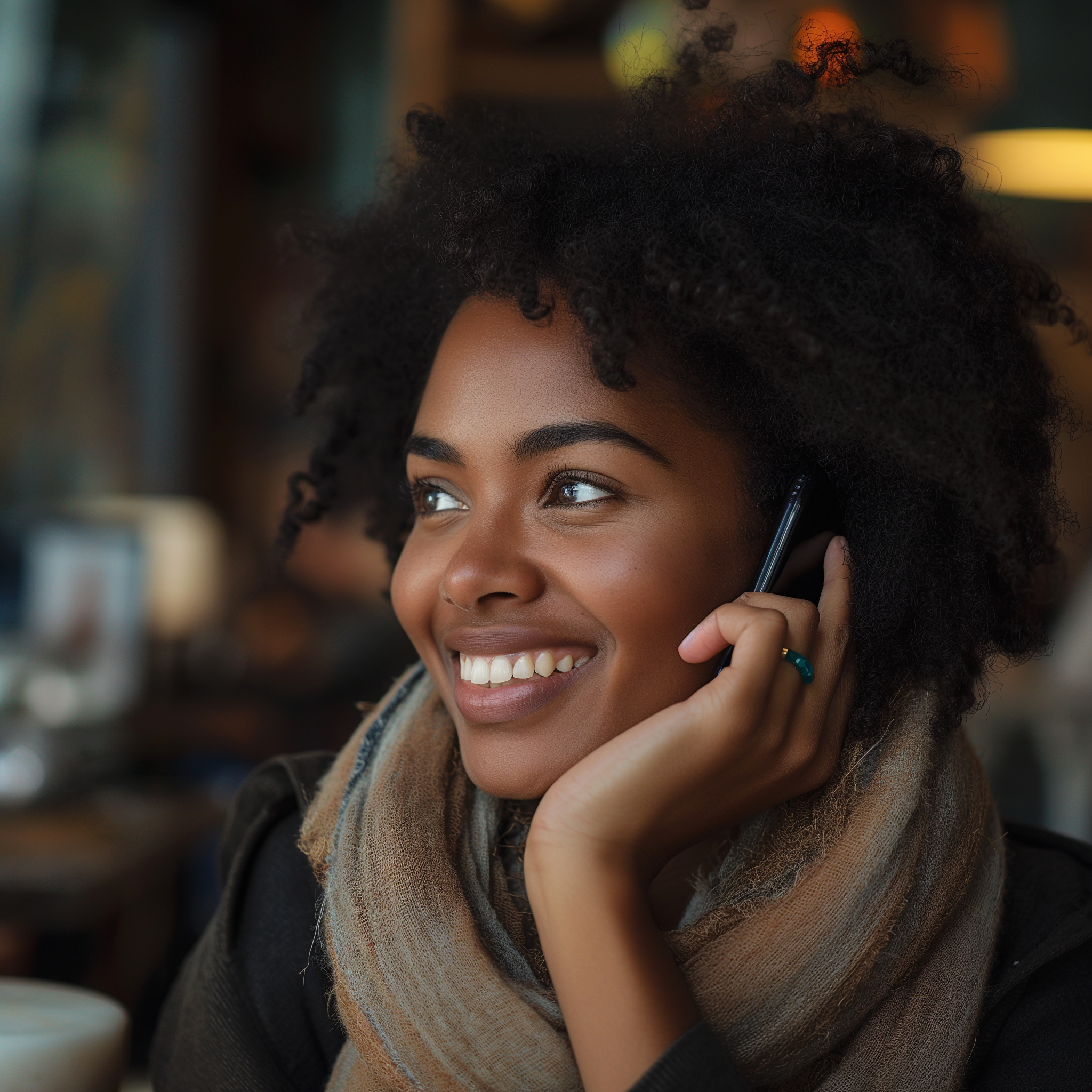 Una mujer sonriente en una llamada telefónica | Fuente: Midjourney