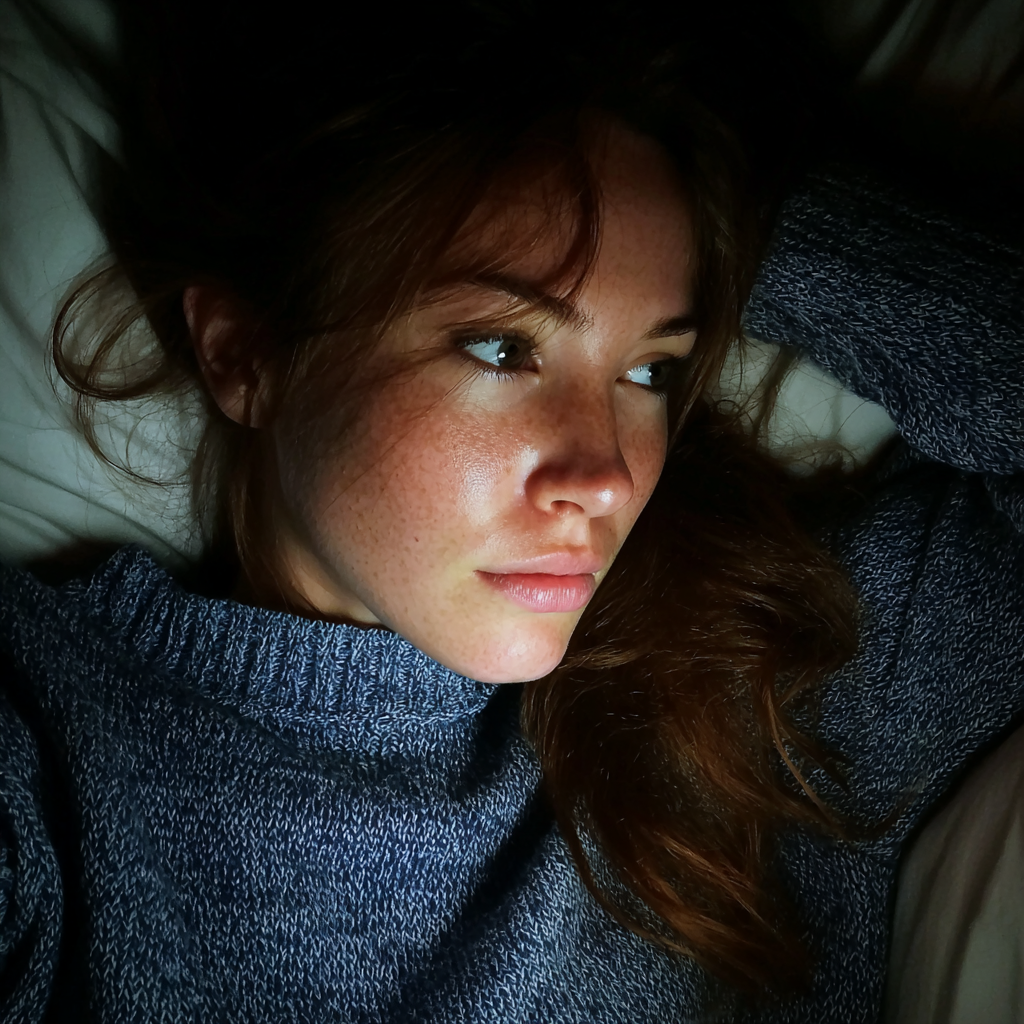 Una mujer pensativa tumbada en su cama | Fuente: Midjourney