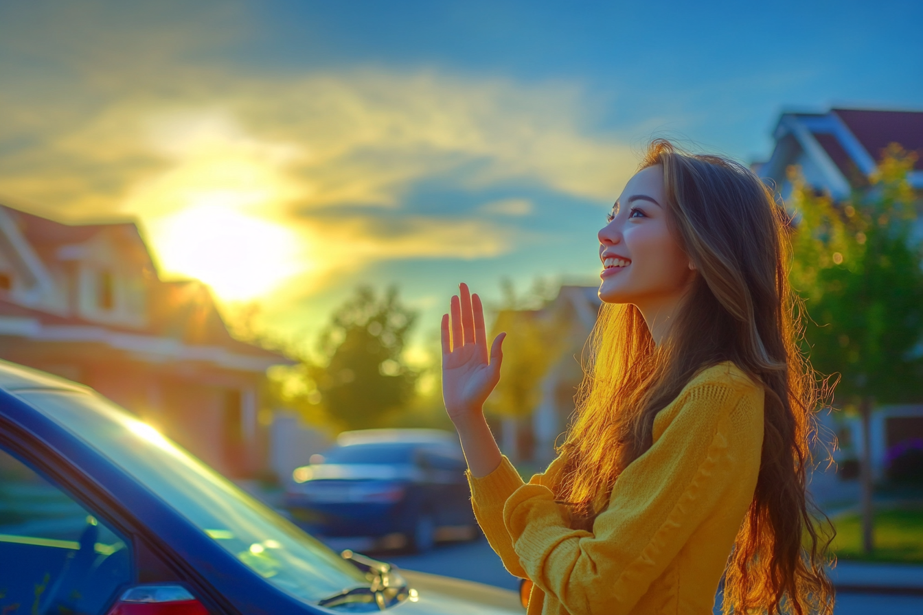 Una mujer junto a su Automóvil agitando la mano | Fuente: Midjourney