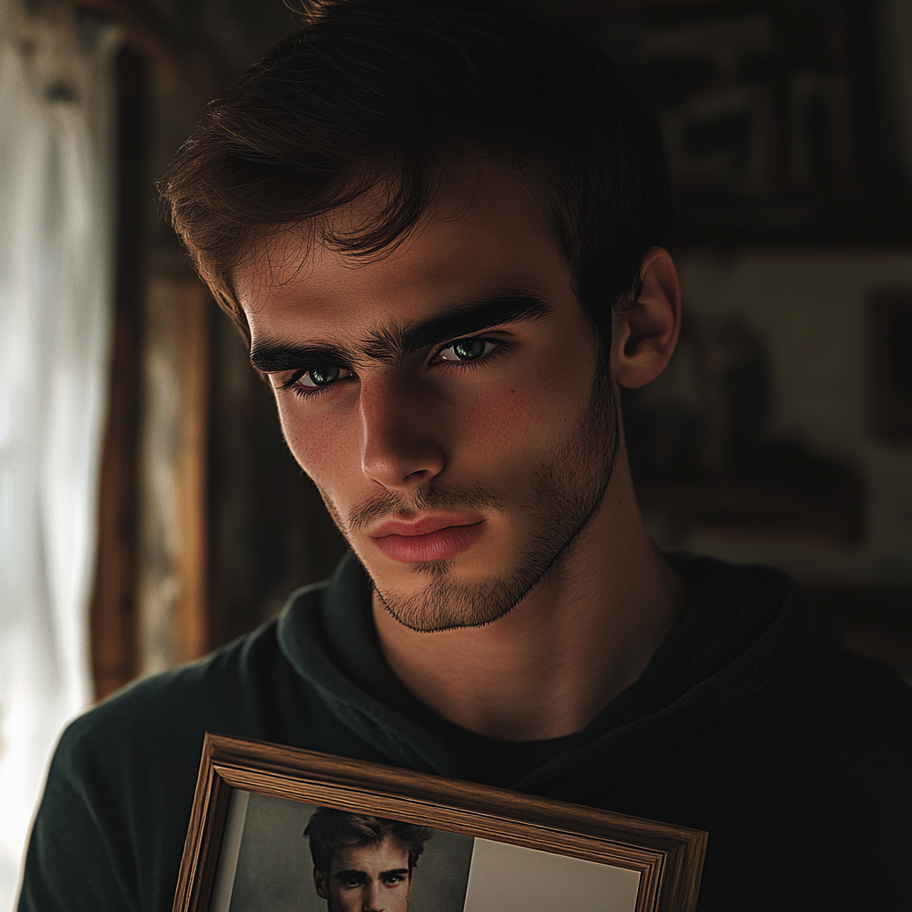 Un joven con lágrimas en los ojos sosteniendo una foto enmarcada | Fuente: Midjourney