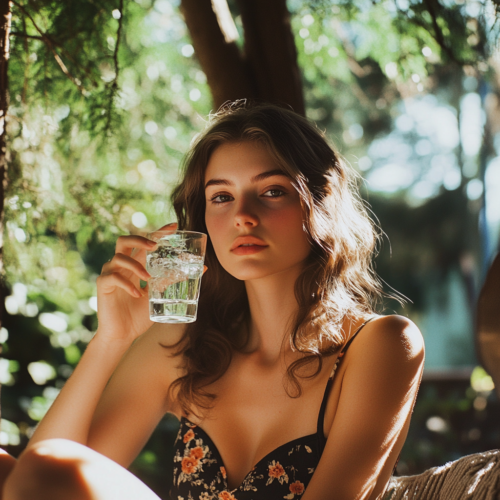 Mujer sosteniendo un vaso de agua | Fuente: Midjourney