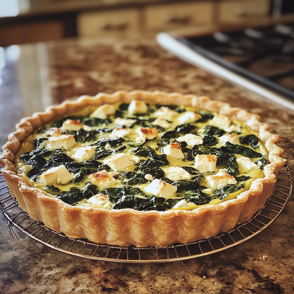 Una quiche de espinacas y queso feta en la encimera de una cocina | Fuente: Midjourney