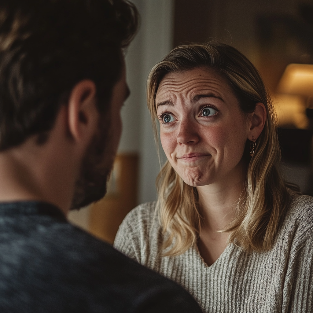 Una mujer con los ojos llorosos mira a su marido | Fuente: Midjourney