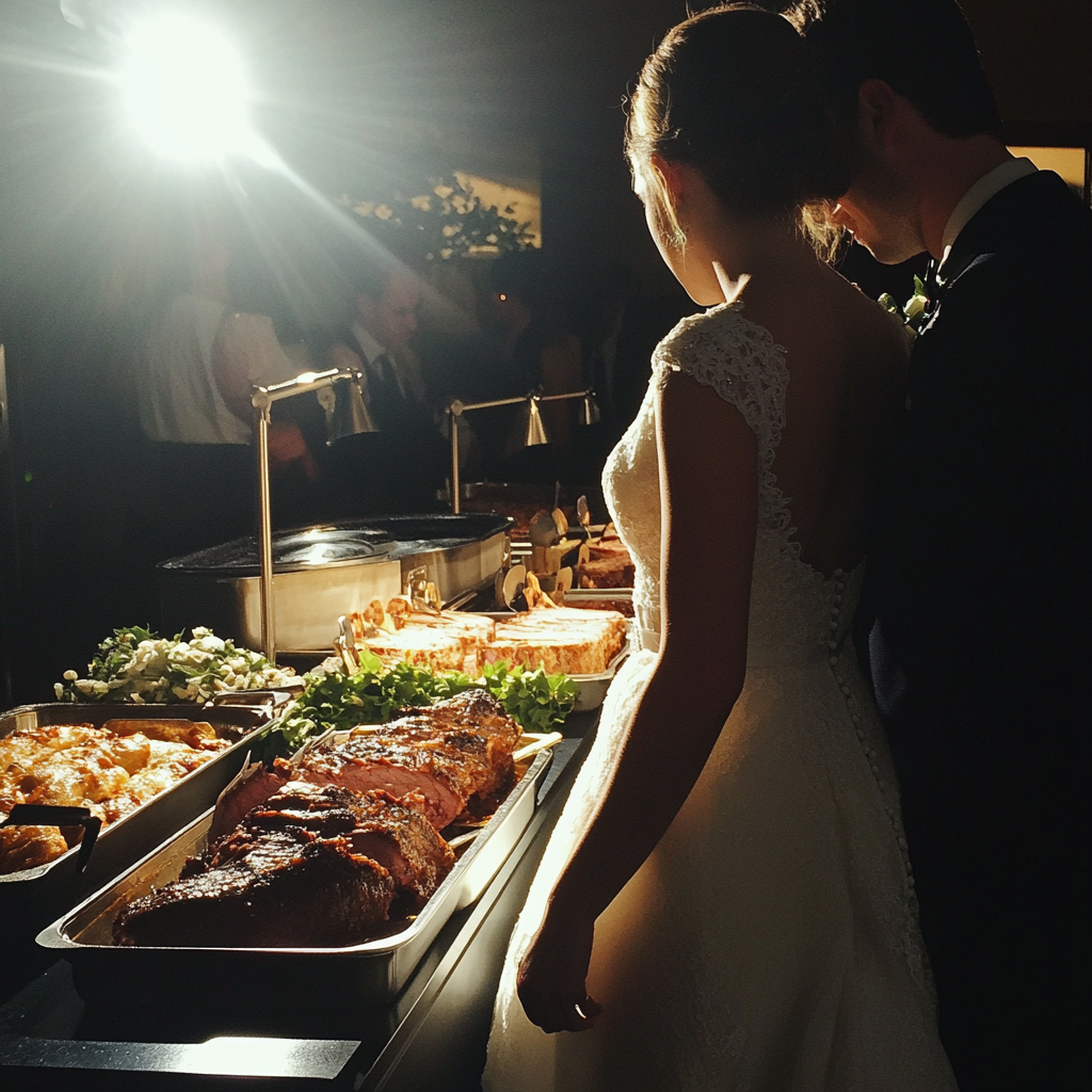 Una pareja en el buffet de una boda | Fuente: Midjourney