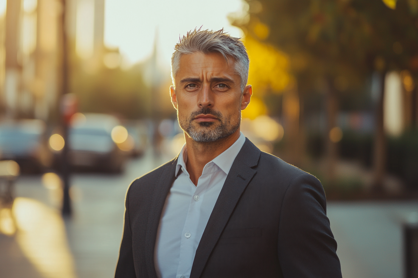 Un hombre de aspecto serio con traje de negocios de pie en una calle | Fuente: Midjourney