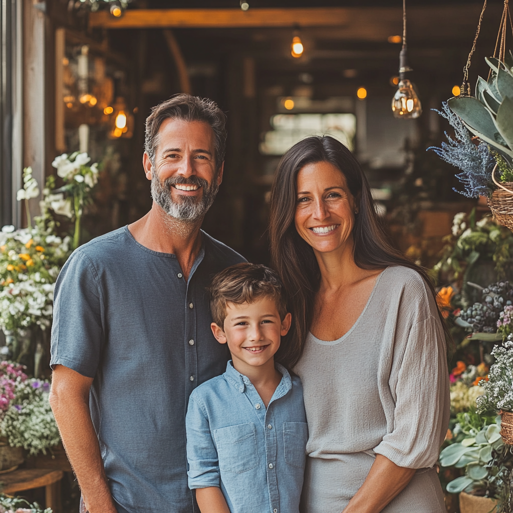 Una familia sonriente en una floristería | Fuente: Midjourney