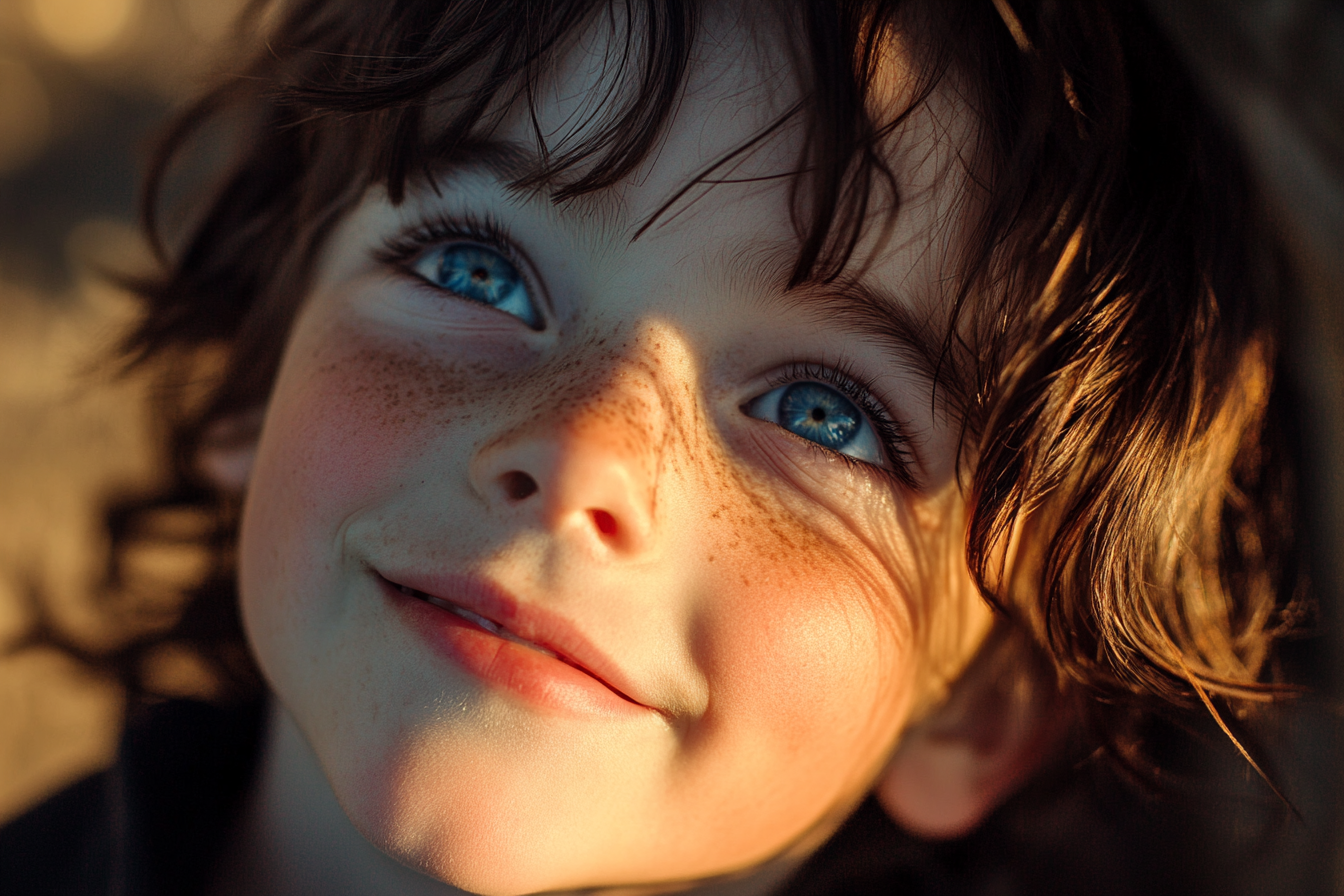 Un niño de ojos azules sonriendo | Fuente: Midjourney