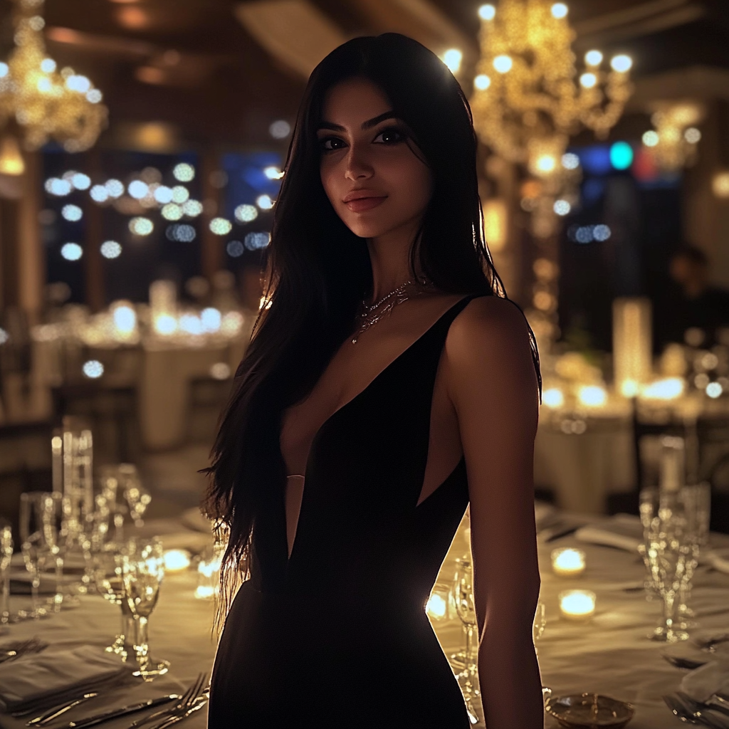 Una mujer de pie en un lujoso salón de baile | Fuente: Midjourney