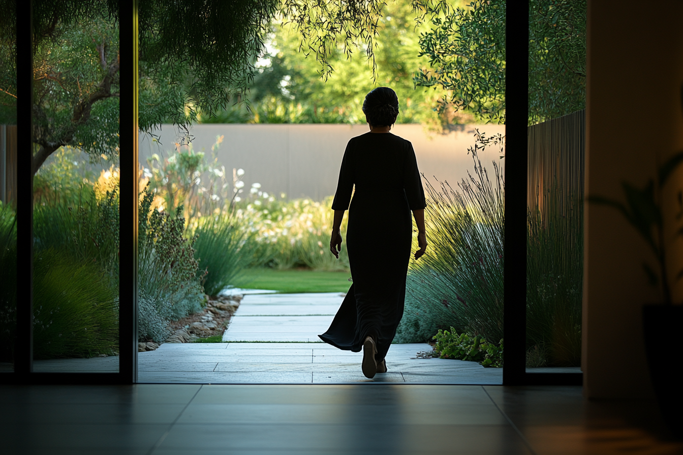 Una mujer saliendo a un jardín | Fuente: Midjourney