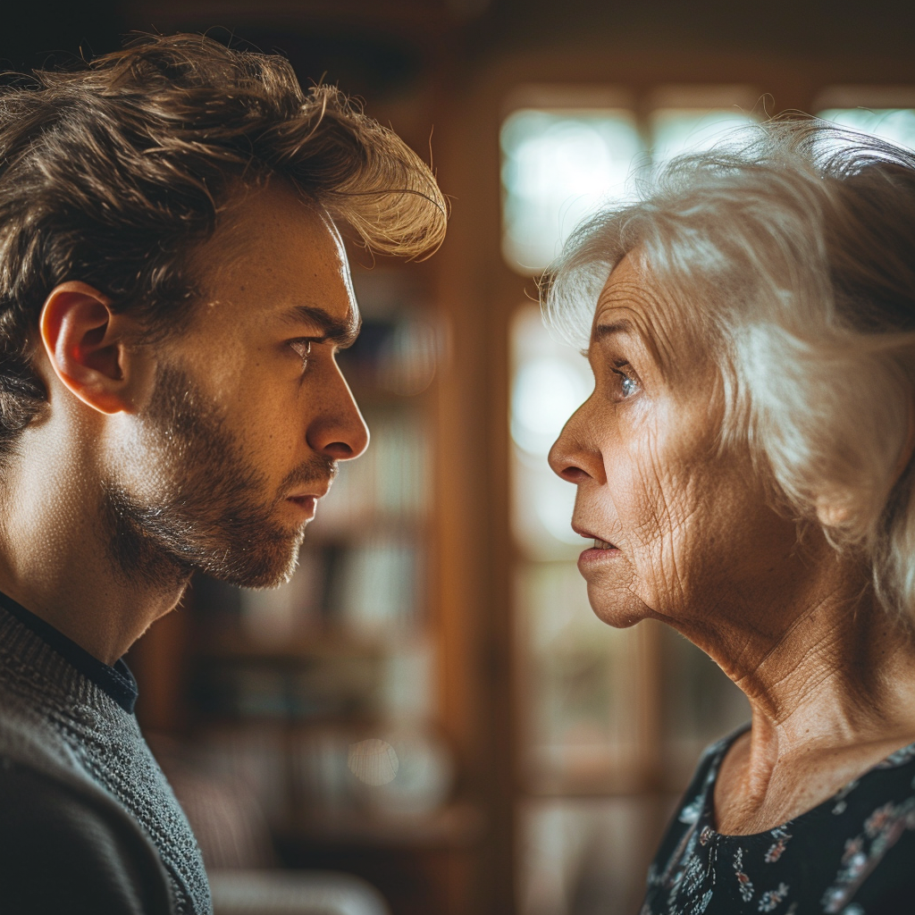 Un hombre se enfada con su madre, que parece escandalizada por su reacción | Fuente: Midjourney