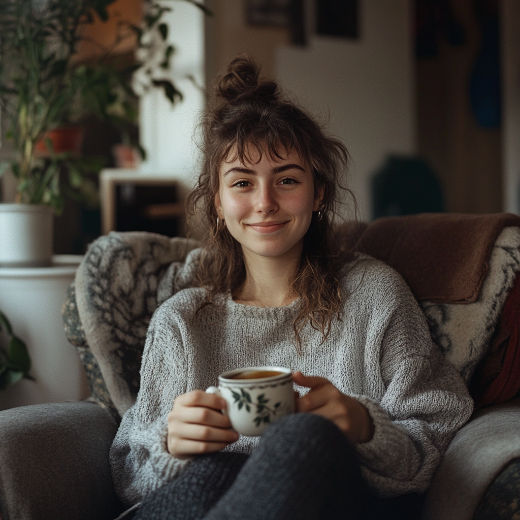 Una mujer sonriente con una taza de té en la mano | Fuente: Midjourney