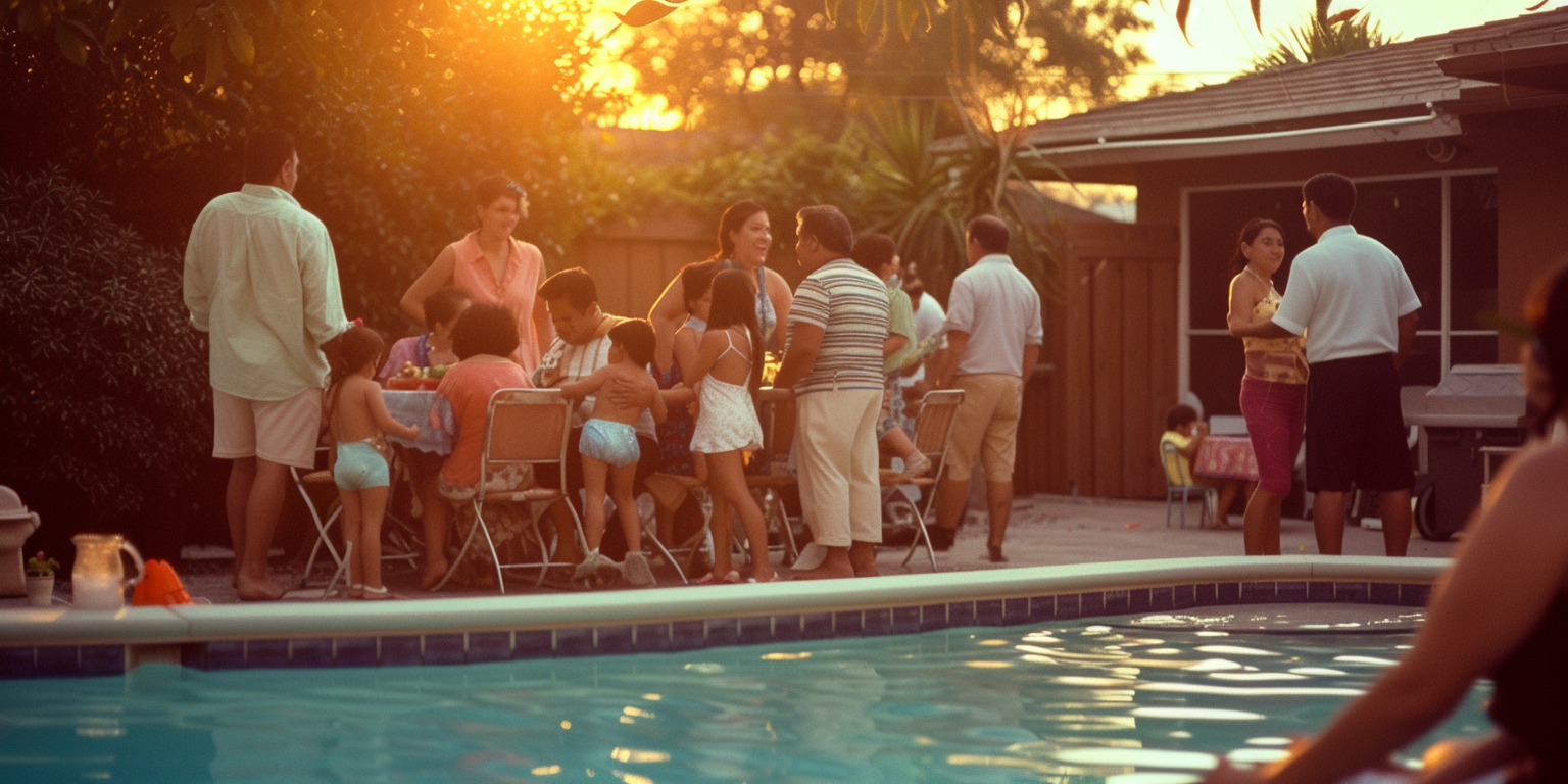 Gente reunida alrededor de una piscina | Fuente: Midjourney