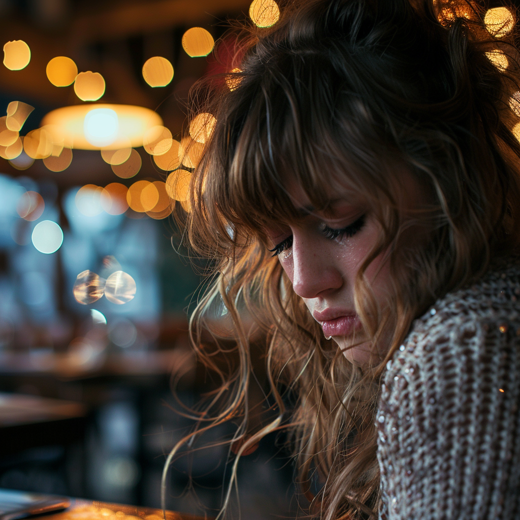 Una mujer llora en el restaurante | Fuente: Midjourney