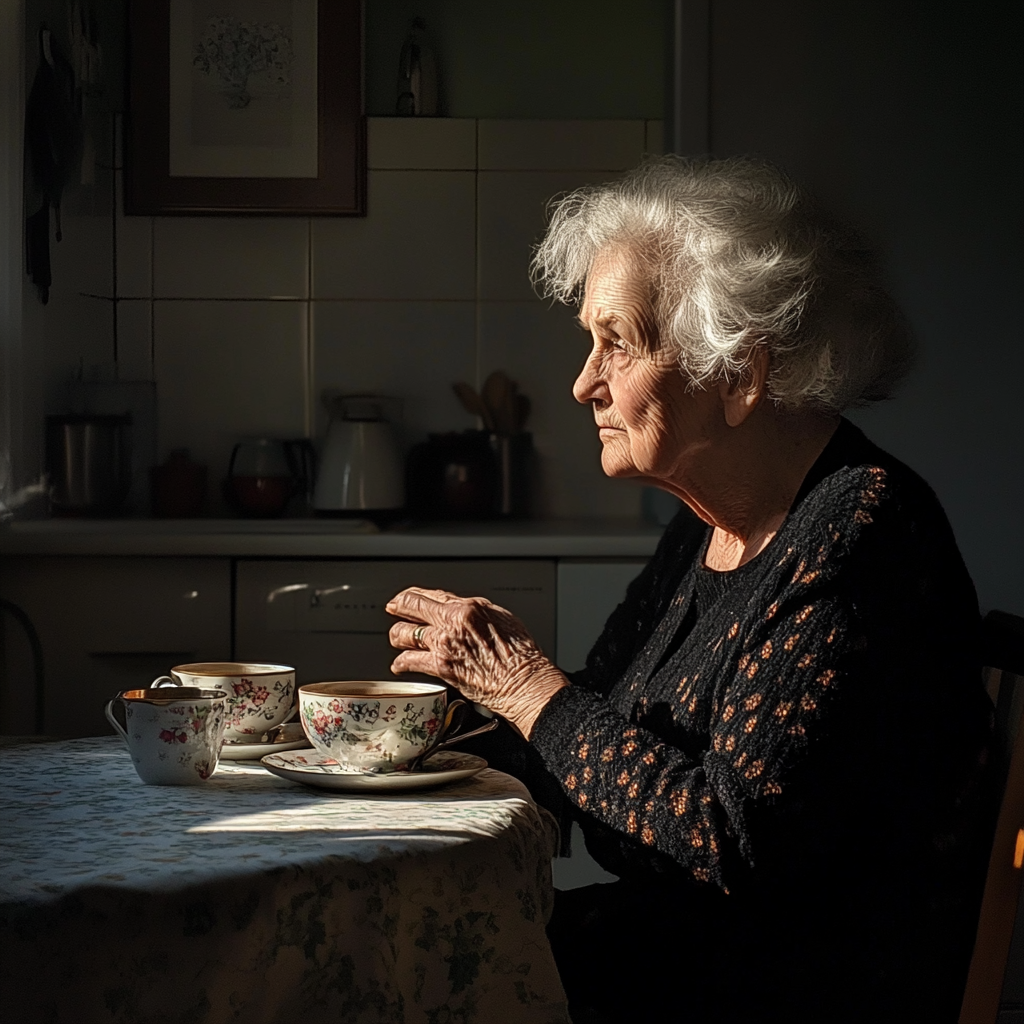 Una anciana sentada a la mesa de la cocina | Fuente: Midjourney