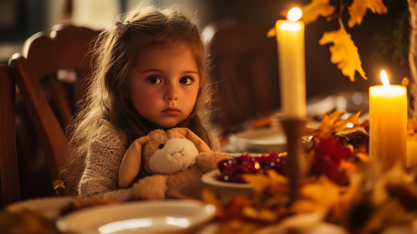 Niña sentada tranquilamente en la mesa de la cena de Acción de Gracias | Fuente: Midjourney