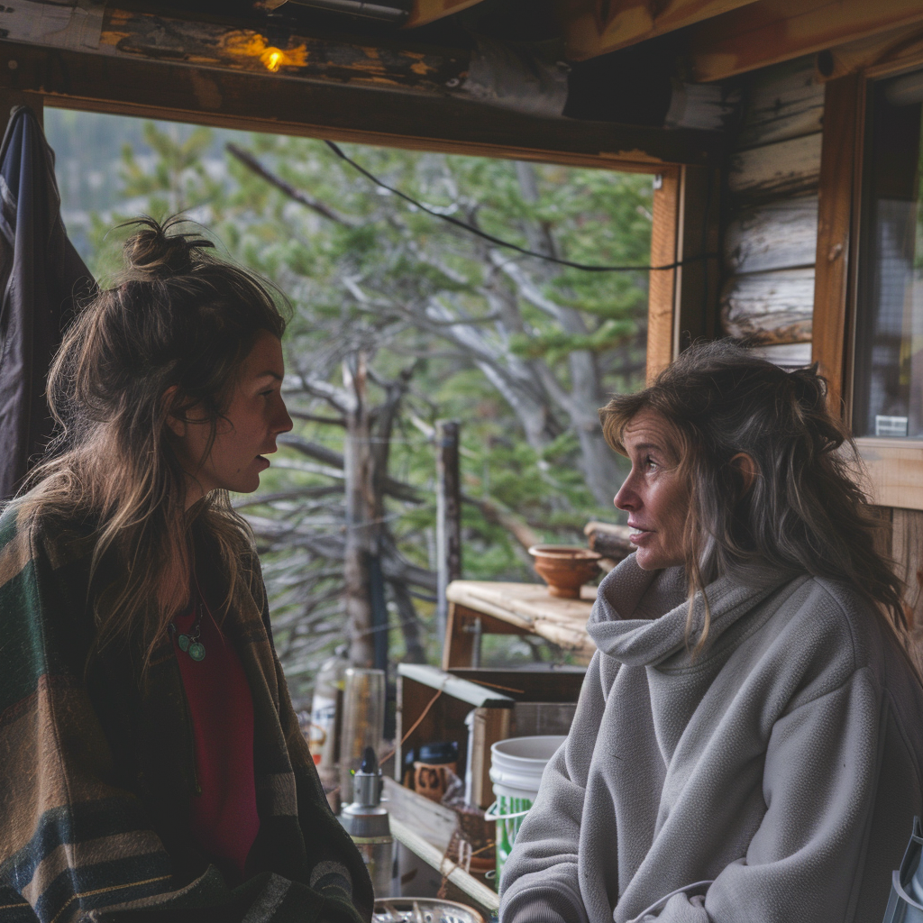 Daina y Phoebe hablando fuera de la cabaña | Fuente: Midjourney