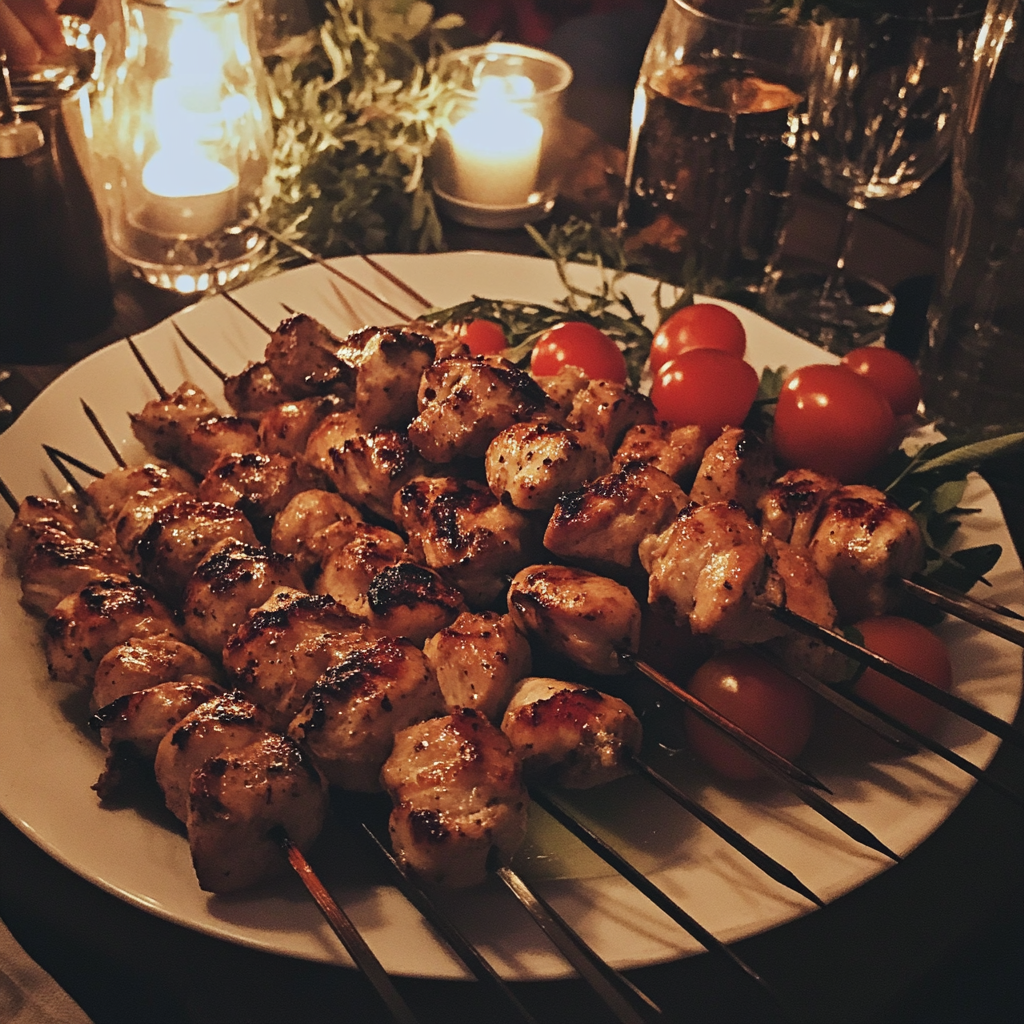 Una fuente de brochetas de pollo | Fuente: Midjourney