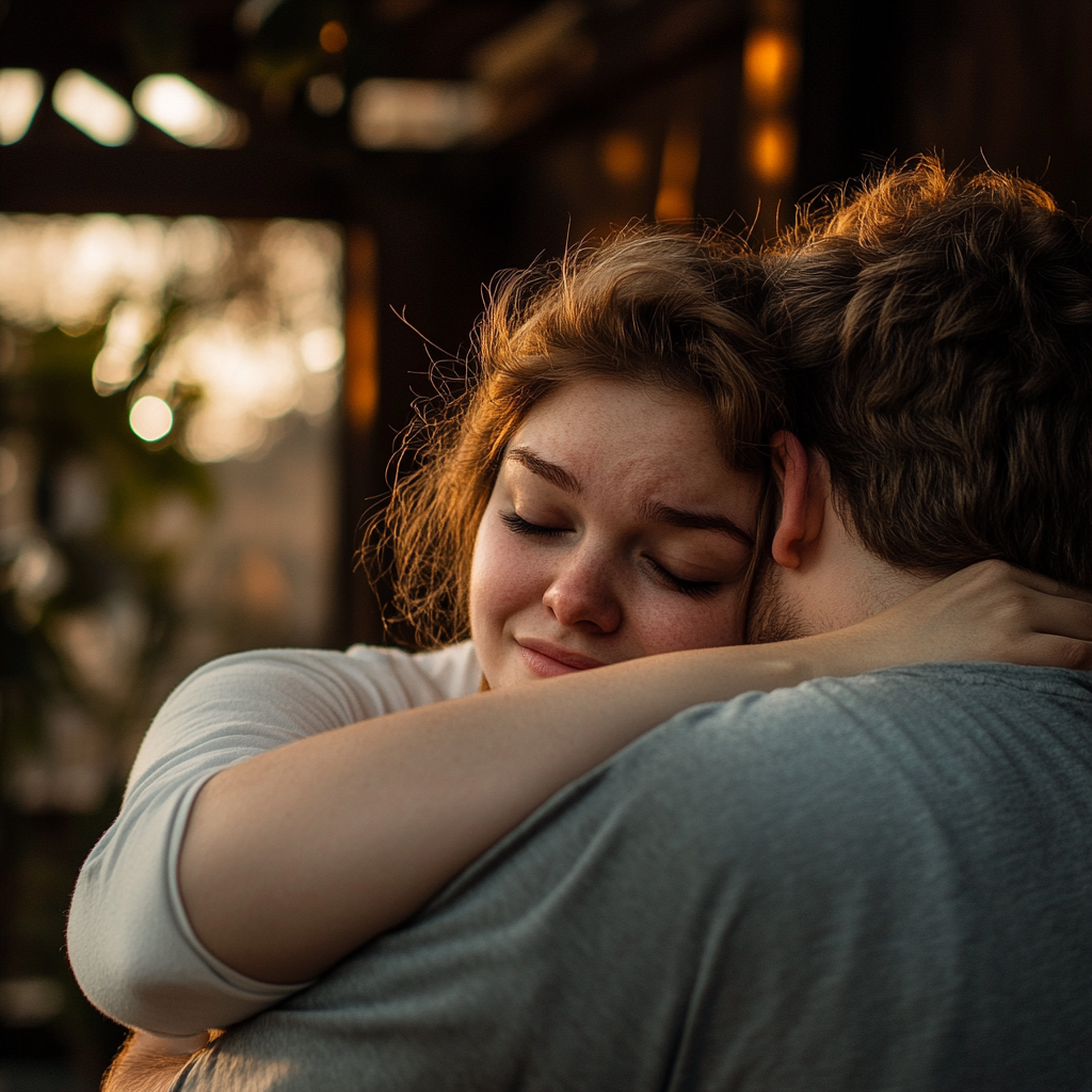 Un hombre y una mujer compartiendo un emotivo abrazo | Fuente: Midjourney