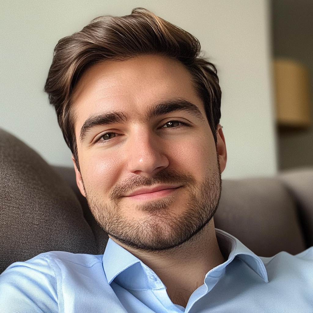Un hombre sonriente sentado en un sofá | Fuente: Midjourney