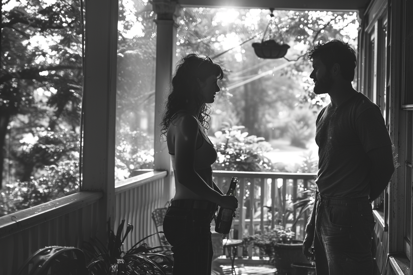 Jake se encuentra con la otra mujer en el porche de su casa | Fuente: Midjourney