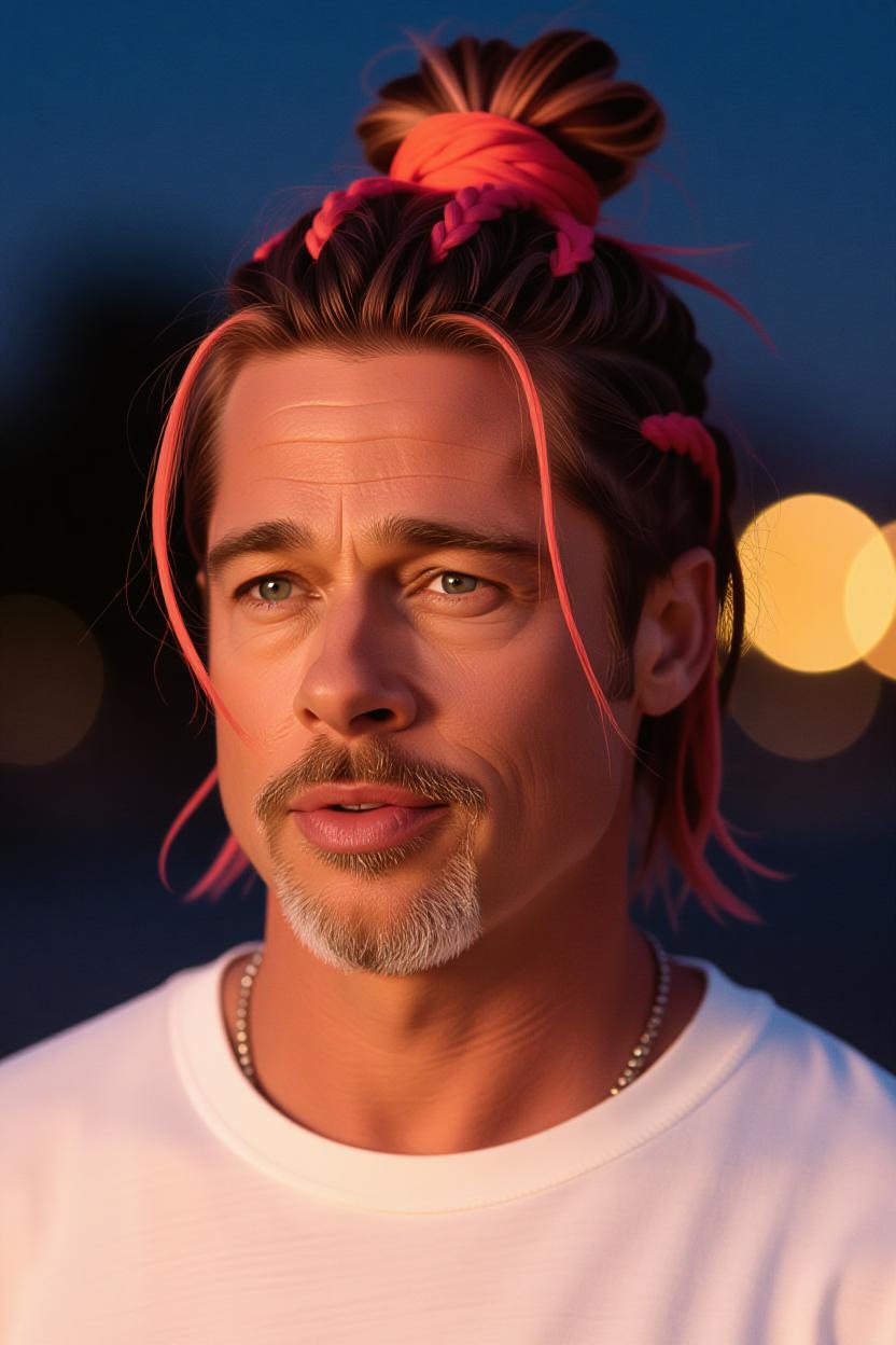 Una imagen generada por IA de Brad Pitt con un peinado diferente | Fuente: Grok