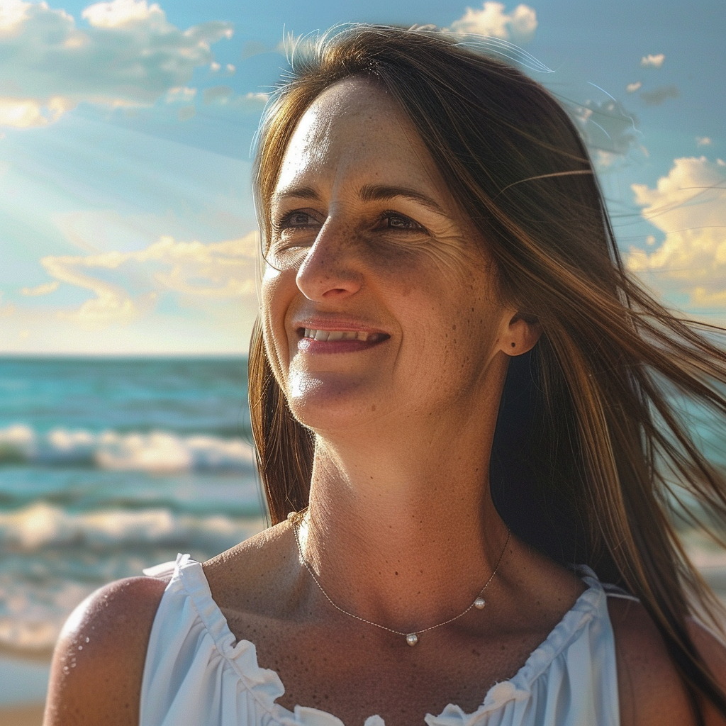 Una mujer sonriendo con el mar de fondo | Fuente: Midjourney