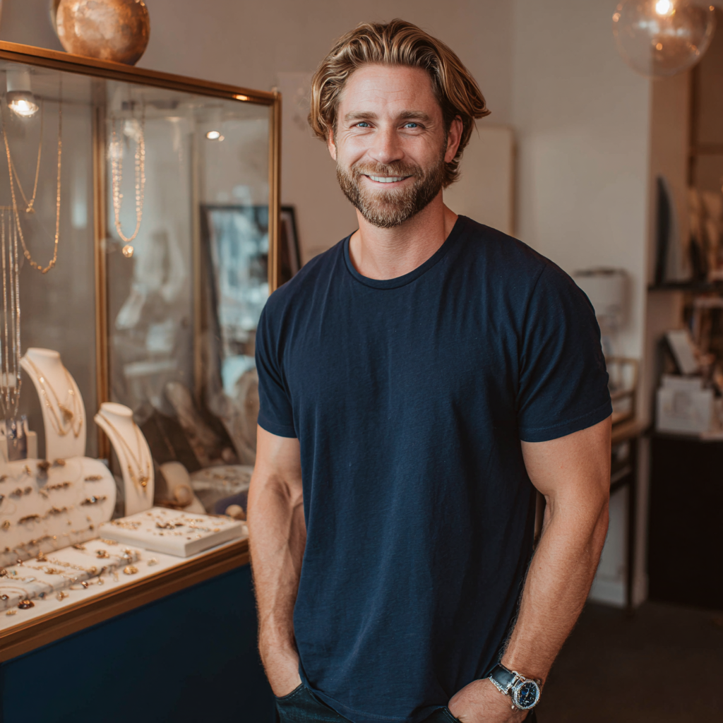 Un uomo sorridente in una gioielleria | Fonte: Midjourney