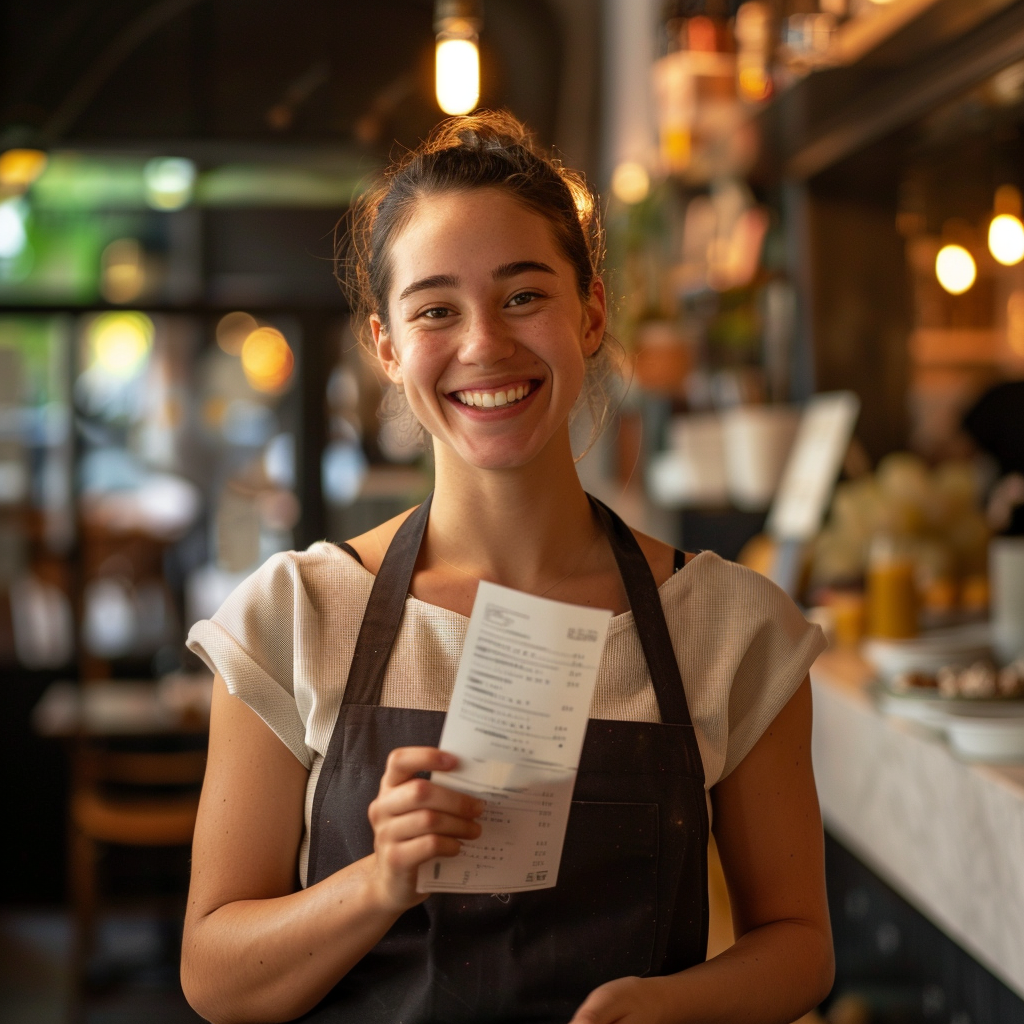 Una camarera sonriente sosteniendo una factura | Fuente: Midjourney