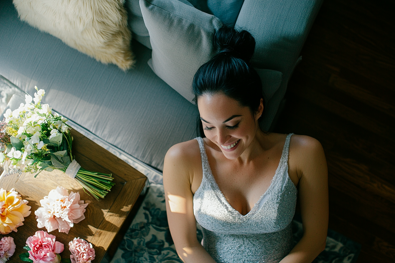 Joven mujer sentada en el suelo con flores y muestras en la mesita sonriendo | Fuente: Midjourney