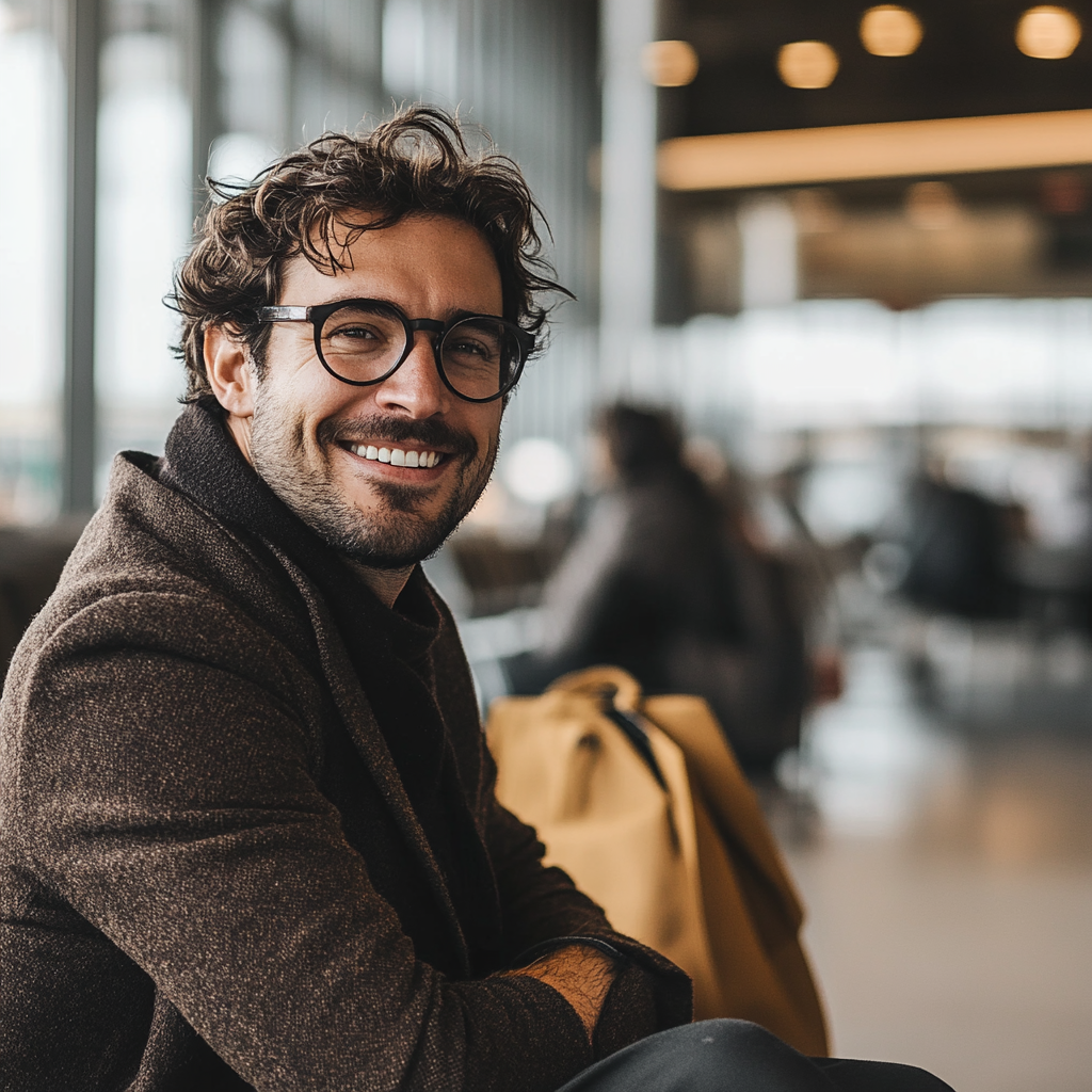 Un hombre sonriente mirando a la cámara en un aeropuerto | Fuente: Midjourney